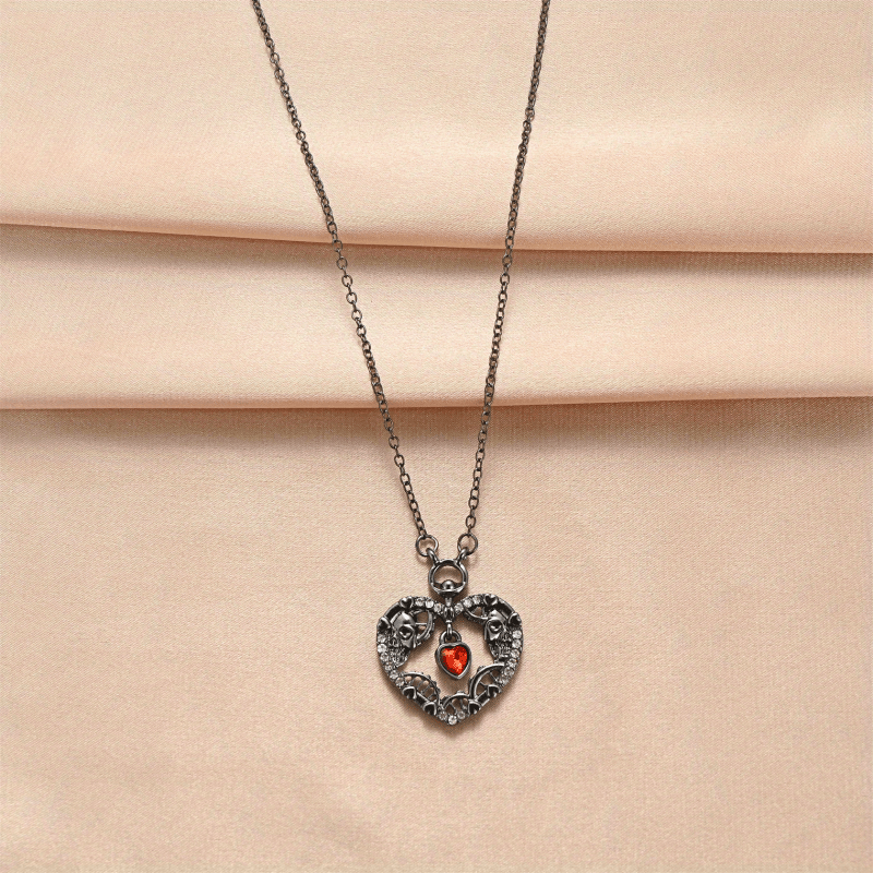 Steampunk Skull Necklace Heart Ruby Pendant Necklace